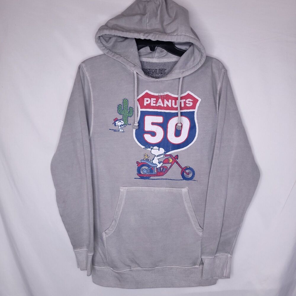 Peanuts Snoopy Hoodie Womens Small Gray Fleece Motorcycle Route 50
